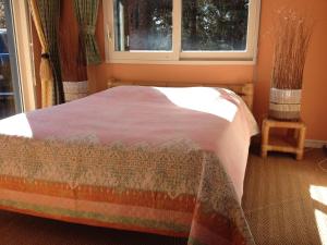 uma cama num quarto com uma janela e uma colcha em Face au Sancy em Aydat