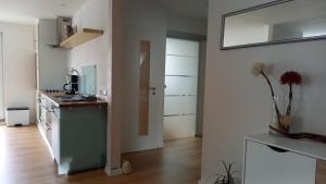 Zimmer mit einer Küche mit einer Theke und einem Spiegel in der Unterkunft Appartement Tischi in Ilsenburg