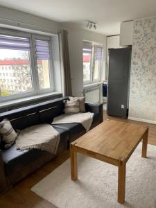 a living room with a couch and a coffee table at Cozy apartment near TalTech and Elamus SPA in Tallinn