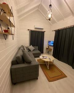 a living room with a couch and a table at Maşukiye pink house bungalow in Kartepe