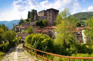un villaggio con un castello in cima a una collina di La Casetta a Fivizzano
