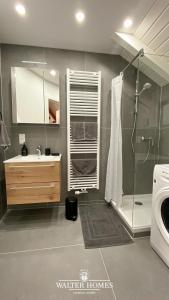 een badkamer met een douche, een wastafel en een wasmachine bij Fachwerkcharme: Wohnen in großer Maisonettwohnung in Villingen-Schwenningen