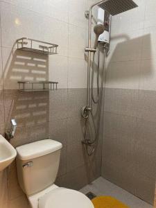 a bathroom with a shower with a toilet and a sink at AGN Transient House in Naga