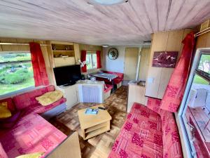 Televízia a/alebo spoločenská miestnosť v ubytovaní Mobilhome sous chalet en bois à la ferme