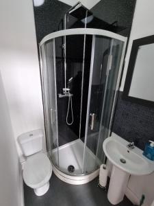 a bathroom with a shower and a toilet and a sink at Portside Liverpool in Liverpool