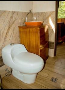a bathroom with a white toilet and a sink at Caiman Lodge in Cuyavenus