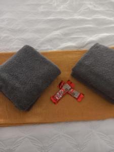 dos almohadas grises y un juguete rojo en una cama en Four Seasons Self-Catering Guest House, en Graskop