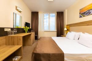 um quarto de hotel com uma cama e uma secretária em Hotel Intelcoop em Plovdiv