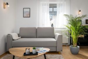 ein Wohnzimmer mit einem Sofa und einem Tisch in der Unterkunft Harmony: Edersee Apartment – Sperrmauer – Lounge in Edersee
