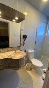uma casa de banho com um lavatório, um WC e um espelho. em Afford Hotéis em Lages