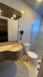 a bathroom with a sink and a toilet and a mirror at Afford Hotéis in Lages