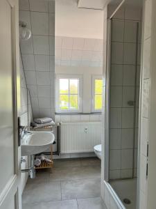 uma casa de banho com um lavatório e um chuveiro em Stonegalerie em Liebenburg