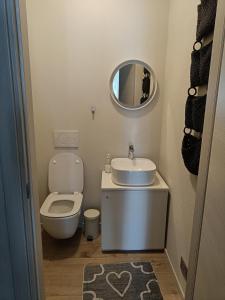 een badkamer met een toilet, een wastafel en een spiegel bij Appartamento Tranquillo con Giardino in Morbegno