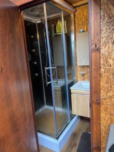 a bathroom with a shower and a sink at Mirador Bosque Gran Torino Neusa in Cogua