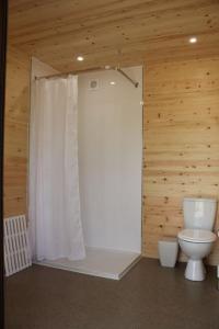 a bathroom with a toilet and a white curtain at Howe of Torbeg in Ballater