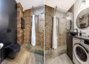 2 fotografías de un baño con lavadora en Danio Apart Old Town Gdańsk, en Gdansk 14 fotos más