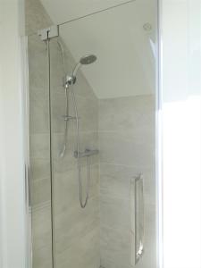 een douche met een glazen deur in de badkamer bij Cober House in Helston