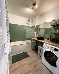 uma casa de banho com uma máquina de lavar roupa e uma banheira em Appartement Centrale Confort em Montalieu-Vercieu