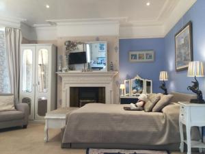 a blue bedroom with a bed and a fireplace at Arun Sands Rooms in Littlehampton