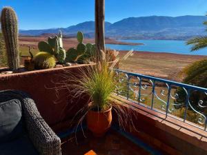 a balcony with potted plants and a view of a lake at Les Cactus in Bine el Ouidane