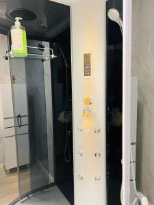 a shower with a glass door in a bathroom at HOSTEL GOLDEN STAR in Gião