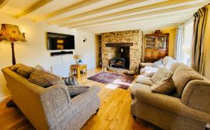 a living room with two couches and a stone fireplace at Barn End Cottage in High Bickington