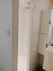 利摩日的住宿－La maison blanche，一间带白色橱柜和镜子的浴室