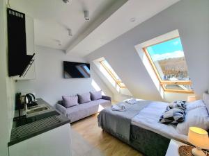 a bedroom with a bed and a kitchen with a sink at Baltic Soul Villa in Międzyzdroje