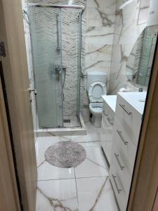 ein Badezimmer mit Toilette und Glasdusche in der Unterkunft Lena 4 Apartmens in Subotica