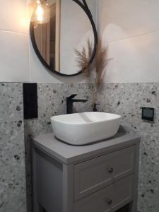 een badkamer met een witte wastafel en een spiegel bij Ale Miejscówka! Całoroczny domek nad jeziorem in Lucień