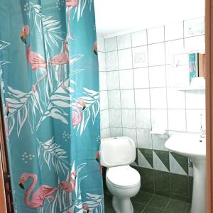a bathroom with a toilet and a shower curtain with pink flamingos at ΠΕΤΡΙΝΗ ΚΑΤΟΙΚΙΑ ΣΤΗΝ ΦΥΣΗ in Tagarades +17 photos