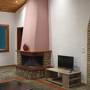 a living room with a fireplace and a tv on a table at ΠΕΤΡΙΝΗ ΚΑΤΟΙΚΙΑ ΣΤΗΝ ΦΥΣΗ in Tagarades