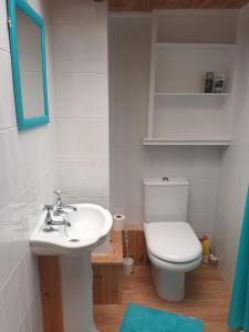 La salle de bains est pourvue de toilettes blanches et d'un lavabo. dans l'établissement Mildenhall Suffolk, à Mildenhall