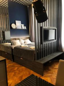 a bedroom with a bed and a tv in it at Holec Apartments in Prague