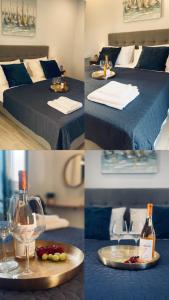 eine Collage mit Fotos eines Hotelzimmers mit Weingläsern und einem Bett in der Unterkunft Wave Luxury Apartments in Kassiopi