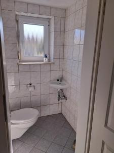 ein Bad mit einem WC und einem Waschbecken in der Unterkunft Gästehaus Six Inn mit Gemeinschaftsküche bis 6 Personen in Uttenweiler
