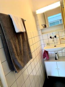 Apartment in Bern city centre في برن: حمام مع حوض ومنشفة بنية