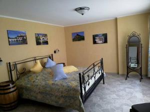 Schlafzimmer mit einem Bett und einem Spiegel in der Unterkunft CasaVitis Erholung am Weinberg in Lontzen