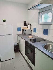 małą kuchnię ze zlewem i lodówką w obiekcie Appartement proche St denis "appart 3" w mieście Pierrefitte-sur-Seine