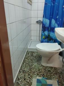 a bathroom with a toilet and a sink and a shower at Fay's House in Mesagrós