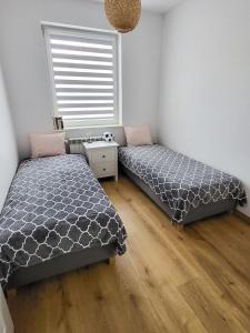 1 Schlafzimmer mit 2 Betten und einem Fenster in der Unterkunft Apartament Jezioro w sercu Ostródy in Ostróda