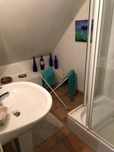 een badkamer met een wastafel, een douche en een stoel bij Ancien moulin du 18 ieme in Assé-le-Riboul