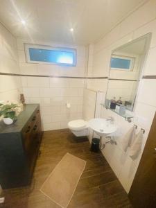 ein Badezimmer mit einem WC, einem Waschbecken und einem Spiegel in der Unterkunft Ferienwohnung Burkhart in Bundenthal