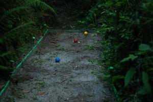 drie ballen op een zandpad in het bos bij Mulino di Castelvecchio in Borgo a Buggiano