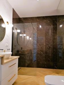 レシュノにあるAPARTAMENT OGRODYのシャワー、トイレ、洗面台を備えたバスルーム