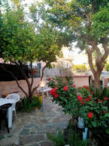 卡爾博尼亞的住宿－Casa Iole，一个带红色鲜花和桌椅的庭院