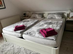 two beds with pink pillows on them in a bedroom at Deichblick in Brunsbüttel