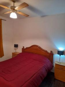 a bedroom with a red bed and a ceiling fan at Casa amplia y cómoda in General Alvear