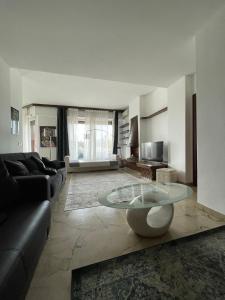 un soggiorno con divano e tavolo in vetro di Eur Centro lux apartment con camino a Roma