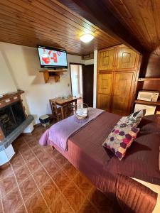 um quarto com uma cama e uma televisão de ecrã plano em Hospedagem Vó Rosa em Monte Verde